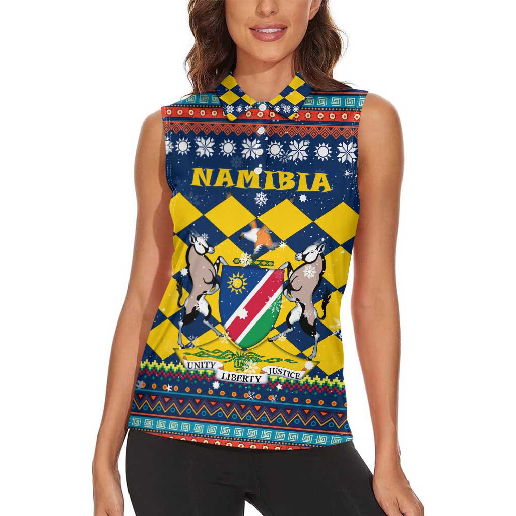 Namibia Christmas Women Sleeveless Polo Shirt with Blue-Yellow Diamond Pattern, Coat of Arms, and Flag Map Motif - Wonder Print Shop
