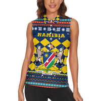 Namibia Christmas Women Sleeveless Polo Shirt with Blue-Yellow Diamond Pattern, Coat of Arms, and Flag Map Motif - Wonder Print Shop
