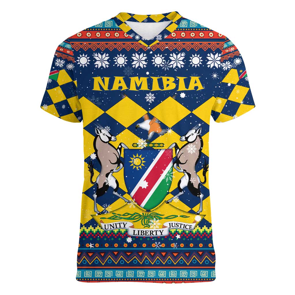 Namibia Christmas Women V-Neck T-Shirt with Blue-Yellow Diamond Pattern, Coat of Arms, and Flag Map Motif - Wonder Print Shop