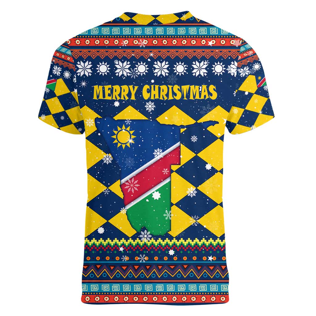 Namibia Christmas Women V-Neck T-Shirt with Blue-Yellow Diamond Pattern, Coat of Arms, and Flag Map Motif - Wonder Print Shop