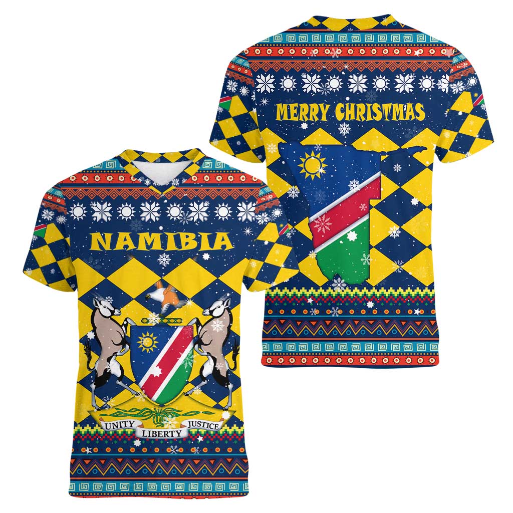 Namibia Christmas Women V-Neck T-Shirt with Blue-Yellow Diamond Pattern, Coat of Arms, and Flag Map Motif - Wonder Print Shop