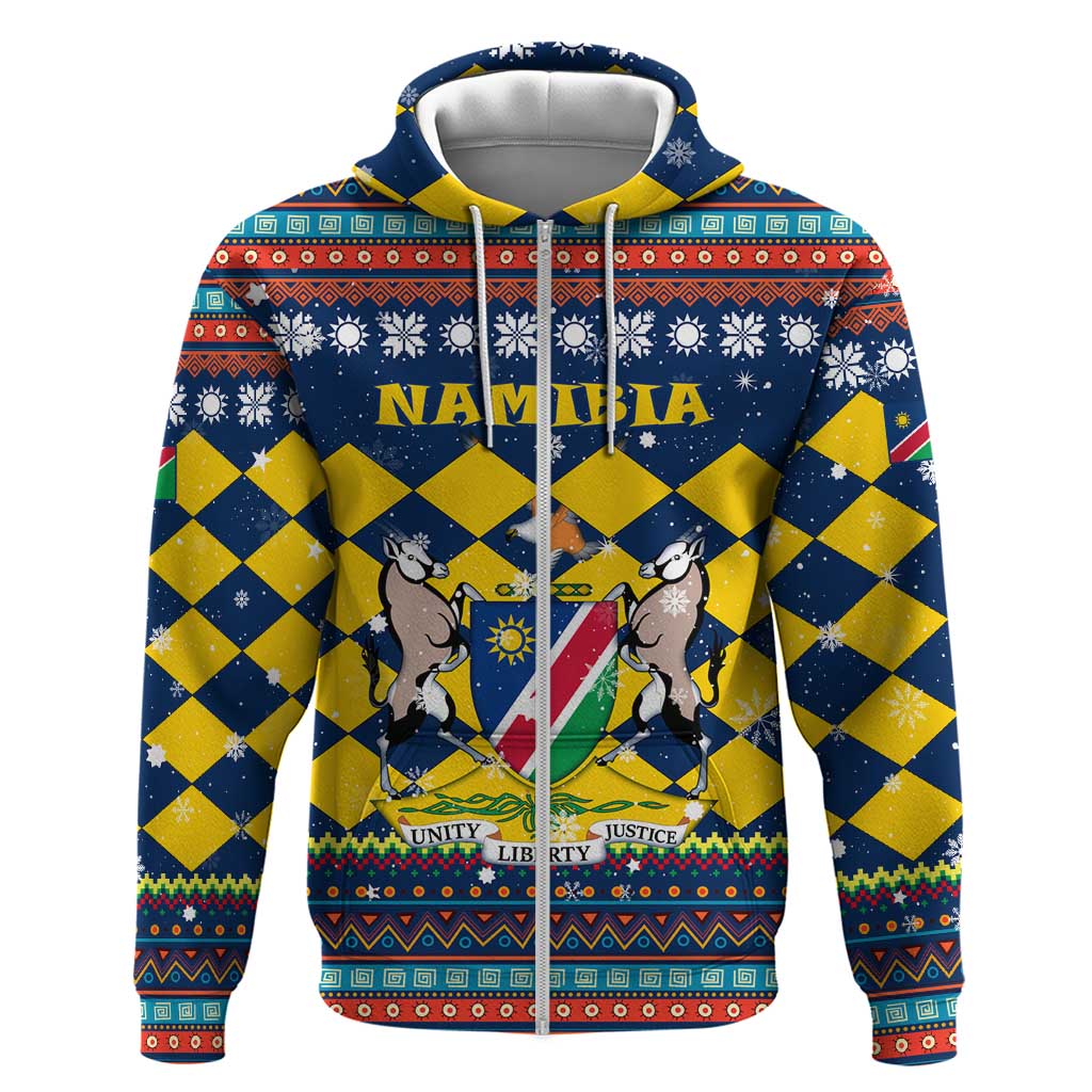 Namibia Christmas Zip Hoodie with Blue-Yellow Diamond Pattern, Coat of Arms, and Flag Map Motif - Wonder Print Shop
