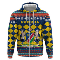 Namibia Christmas Zip Hoodie with Blue-Yellow Diamond Pattern, Coat of Arms, and Flag Map Motif - Wonder Print Shop