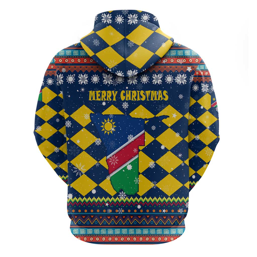 Namibia Christmas Zip Hoodie with Blue-Yellow Diamond Pattern, Coat of Arms, and Flag Map Motif - Wonder Print Shop