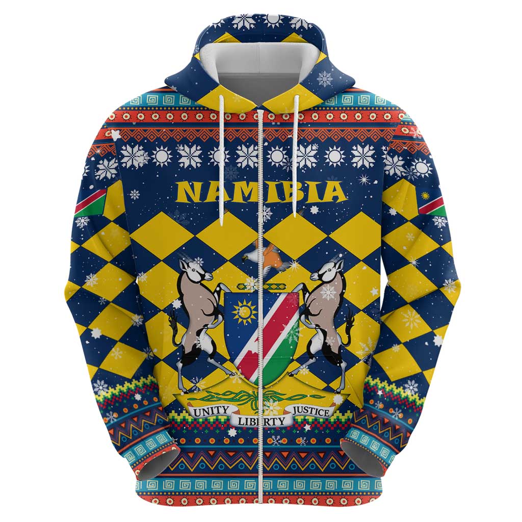 Namibia Christmas Zip Hoodie with Blue-Yellow Diamond Pattern, Coat of Arms, and Flag Map Motif - Wonder Print Shop