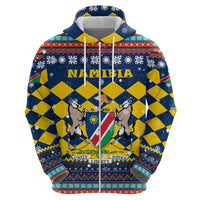 Namibia Christmas Zip Hoodie with Blue-Yellow Diamond Pattern, Coat of Arms, and Flag Map Motif - Wonder Print Shop
