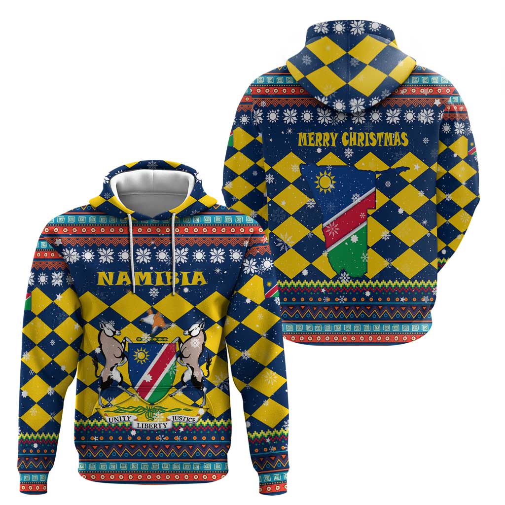 Namibia Christmas Zip Hoodie with Blue-Yellow Diamond Pattern, Coat of Arms, and Flag Map Motif - Wonder Print Shop