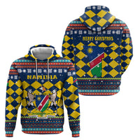 Namibia Christmas Zip Hoodie with Blue-Yellow Diamond Pattern, Coat of Arms, and Flag Map Motif - Wonder Print Shop