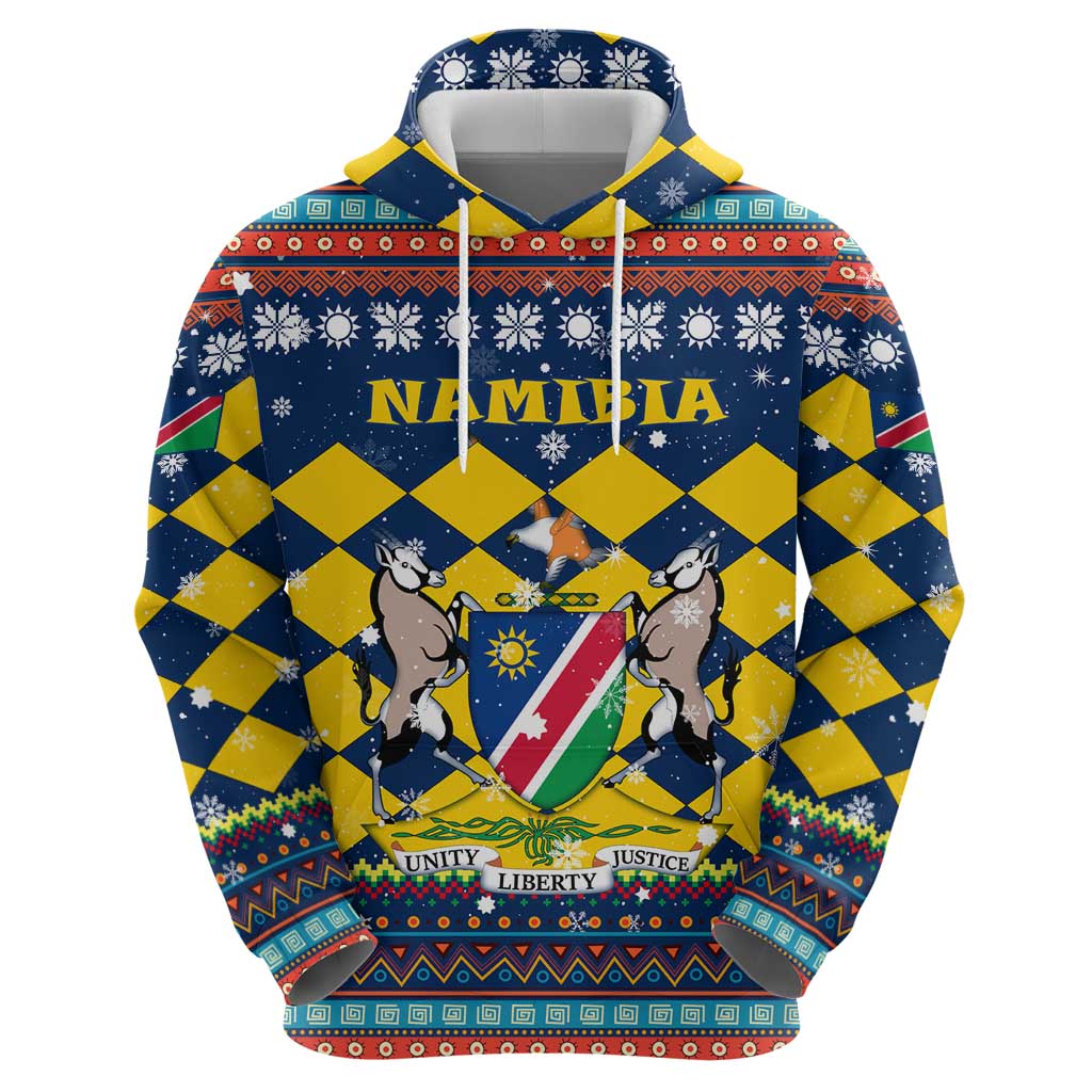 Namibia Christmas Zip Hoodie with Blue-Yellow Diamond Pattern, Coat of Arms, and Flag Map Motif - Wonder Print Shop