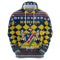 Namibia Christmas Zip Hoodie with Blue-Yellow Diamond Pattern, Coat of Arms, and Flag Map Motif - Wonder Print Shop