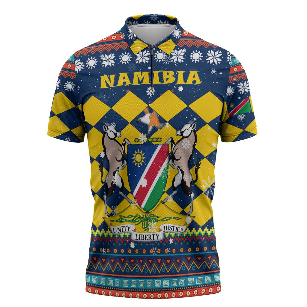 Namibia Christmas Zipper Polo Shirt with Blue-Yellow Diamond Pattern, Coat of Arms, and Flag Map Motif - Wonder Print Shop