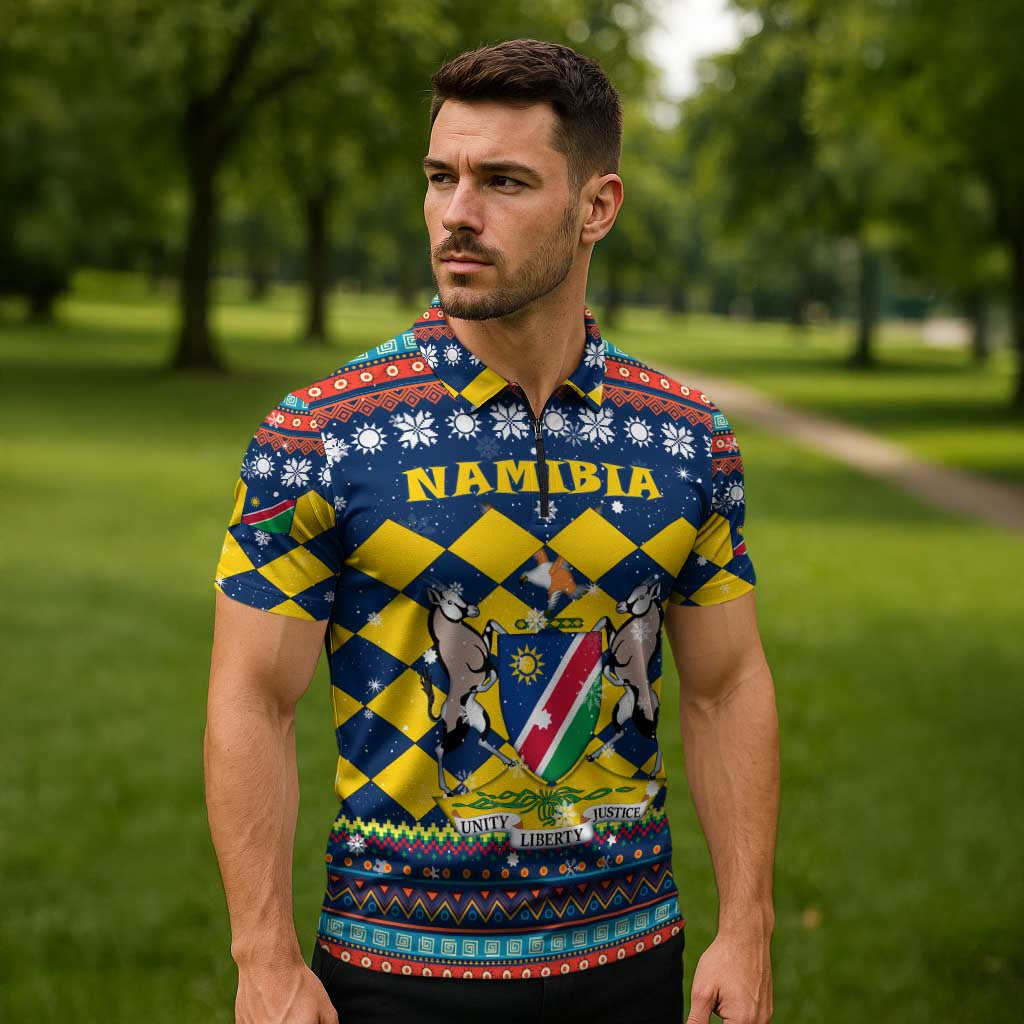 Namibia Christmas Zipper Polo Shirt with Blue-Yellow Diamond Pattern, Coat of Arms, and Flag Map Motif - Wonder Print Shop