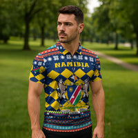 Namibia Christmas Zipper Polo Shirt with Blue-Yellow Diamond Pattern, Coat of Arms, and Flag Map Motif - Wonder Print Shop