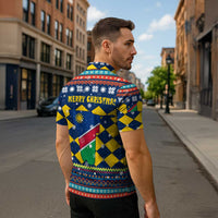 Namibia Christmas Zipper Polo Shirt with Blue-Yellow Diamond Pattern, Coat of Arms, and Flag Map Motif - Wonder Print Shop