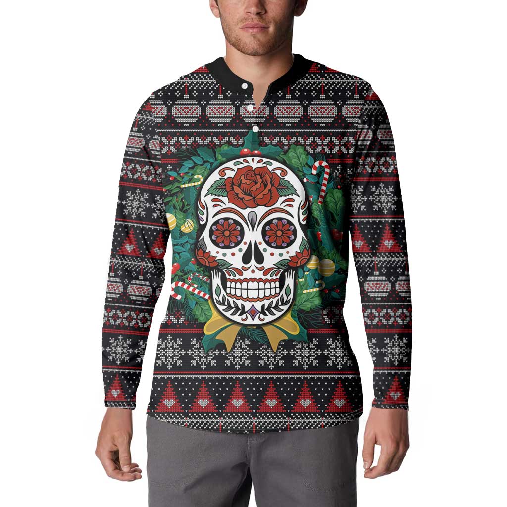 Skull Christmas Button Sweatshirt Xmas Holiday Patterns - Wonder Print Shop