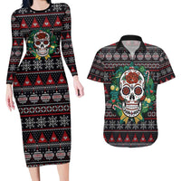 Skull Christmas Couples Matching Long Sleeve Bodycon Dress and Hawaiian Shirt Xmas Holiday Patterns - Wonder Print Shop