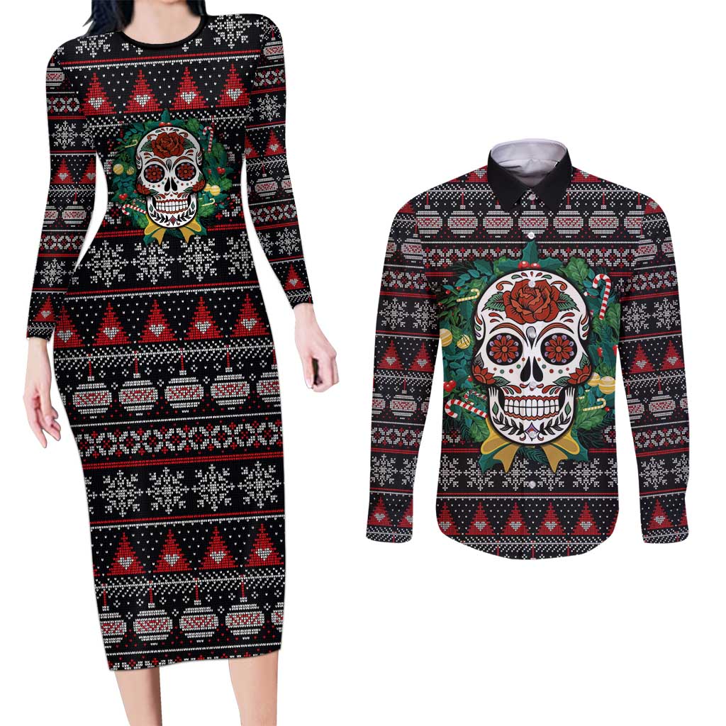 Skull Christmas Couples Matching Long Sleeve Bodycon Dress and Long Sleeve Button Shirt Xmas Holiday Patterns - Wonder Print Shop