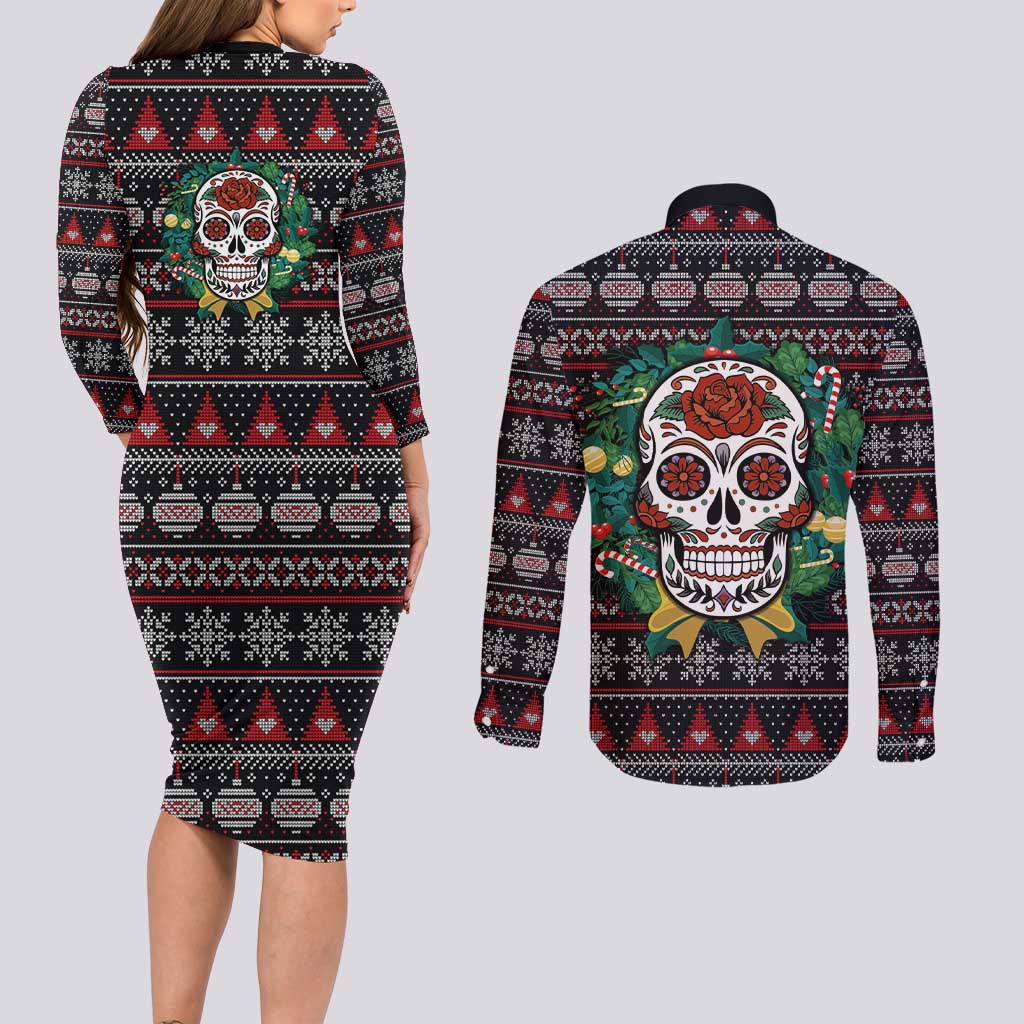 Skull Christmas Couples Matching Long Sleeve Bodycon Dress and Long Sleeve Button Shirt Xmas Holiday Patterns - Wonder Print Shop