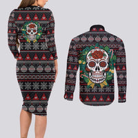 Skull Christmas Couples Matching Long Sleeve Bodycon Dress and Long Sleeve Button Shirt Xmas Holiday Patterns - Wonder Print Shop