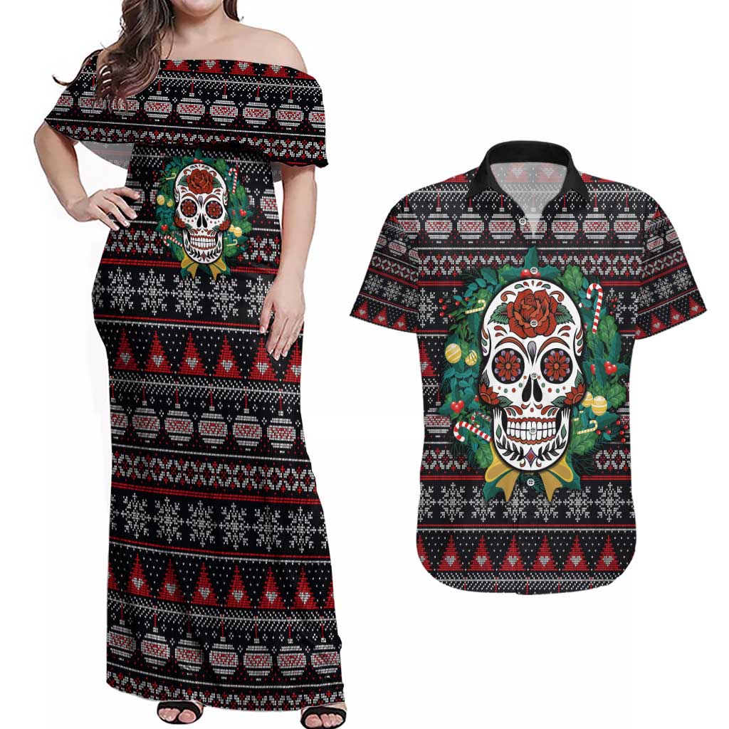 Skull Christmas Couples Matching Off Shoulder Maxi Dress and Hawaiian Shirt Xmas Holiday Patterns - Wonder Print Shop