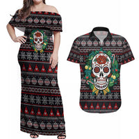 Skull Christmas Couples Matching Off Shoulder Maxi Dress and Hawaiian Shirt Xmas Holiday Patterns - Wonder Print Shop