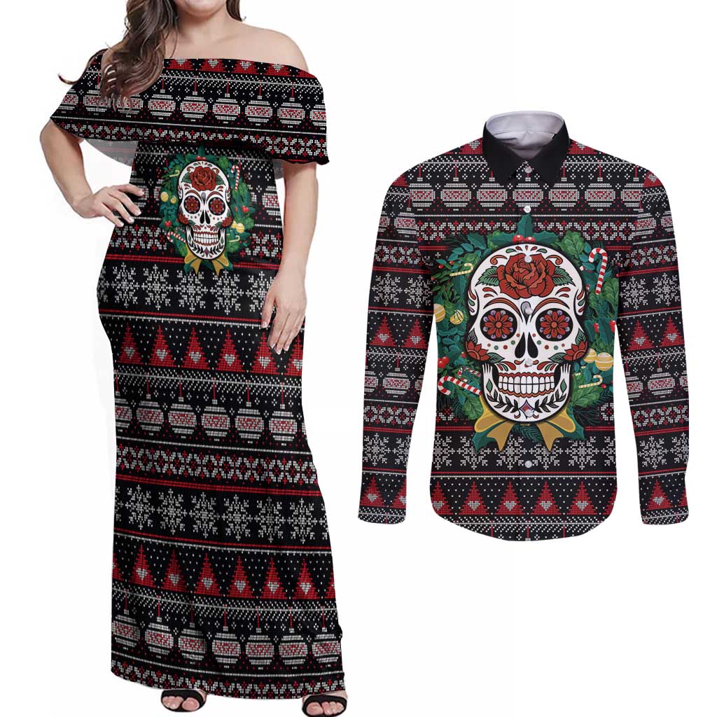 Skull Christmas Couples Matching Off Shoulder Maxi Dress and Long Sleeve Button Shirt Xmas Holiday Patterns - Wonder Print Shop