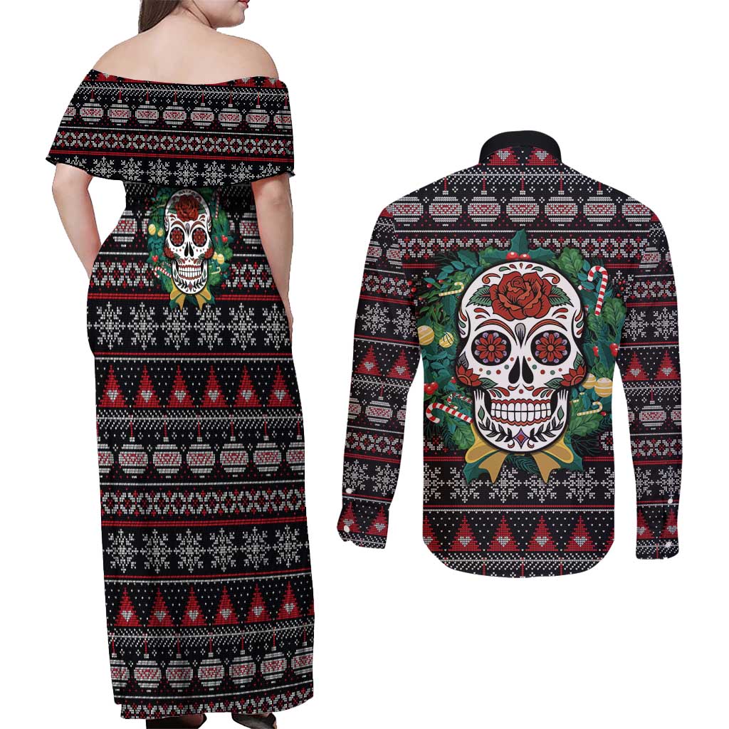 Skull Christmas Couples Matching Off Shoulder Maxi Dress and Long Sleeve Button Shirt Xmas Holiday Patterns - Wonder Print Shop