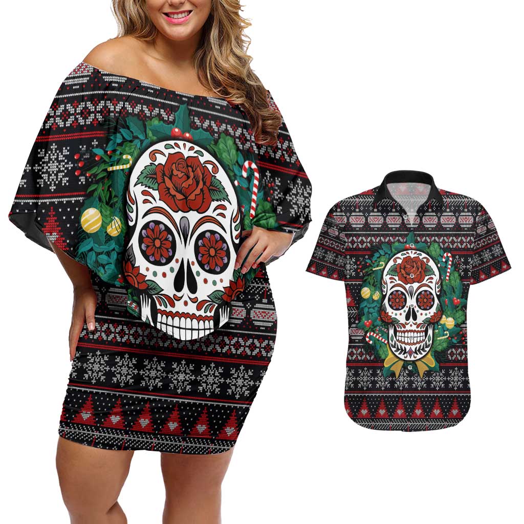 Skull Christmas Couples Matching Off Shoulder Short Dress and Hawaiian Shirt Xmas Holiday Patterns - Wonder Print Shop