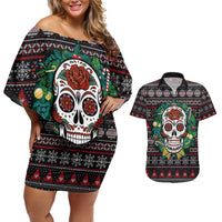 Skull Christmas Couples Matching Off Shoulder Short Dress and Hawaiian Shirt Xmas Holiday Patterns - Wonder Print Shop