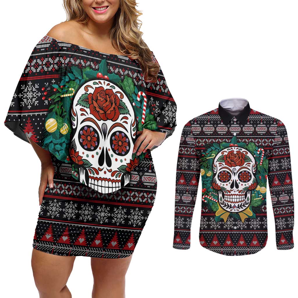 Skull Christmas Couples Matching Off Shoulder Short Dress and Long Sleeve Button Shirt Xmas Holiday Patterns - Wonder Print Shop