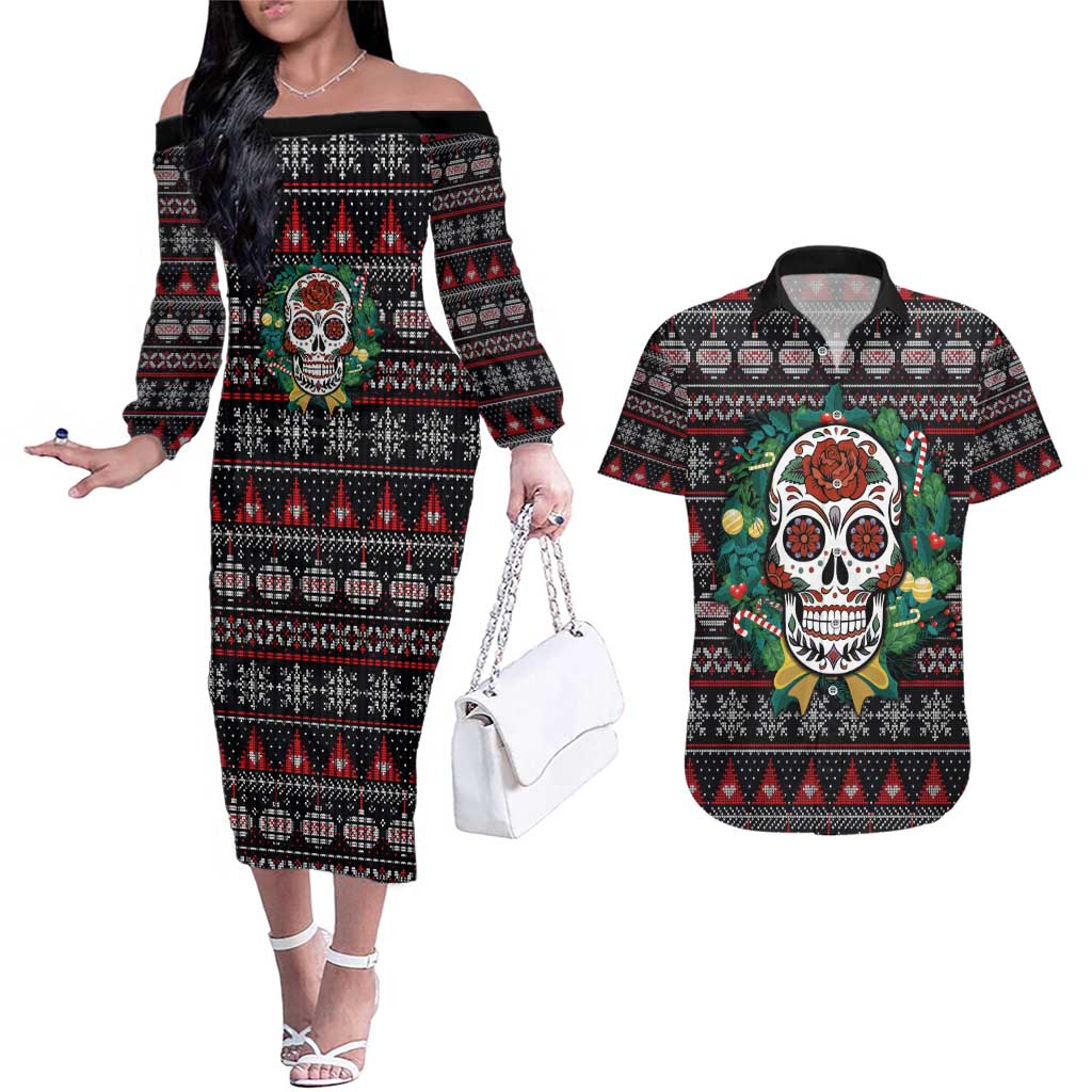 Skull Christmas Couples Matching Off The Shoulder Long Sleeve Dress and Hawaiian Shirt Xmas Holiday Patterns - Wonder Print Shop