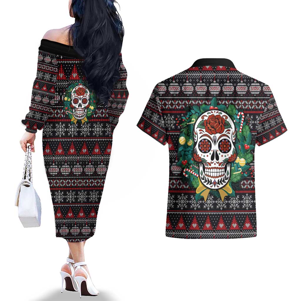 Skull Christmas Couples Matching Off The Shoulder Long Sleeve Dress and Hawaiian Shirt Xmas Holiday Patterns - Wonder Print Shop