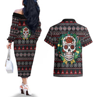 Skull Christmas Couples Matching Off The Shoulder Long Sleeve Dress and Hawaiian Shirt Xmas Holiday Patterns - Wonder Print Shop