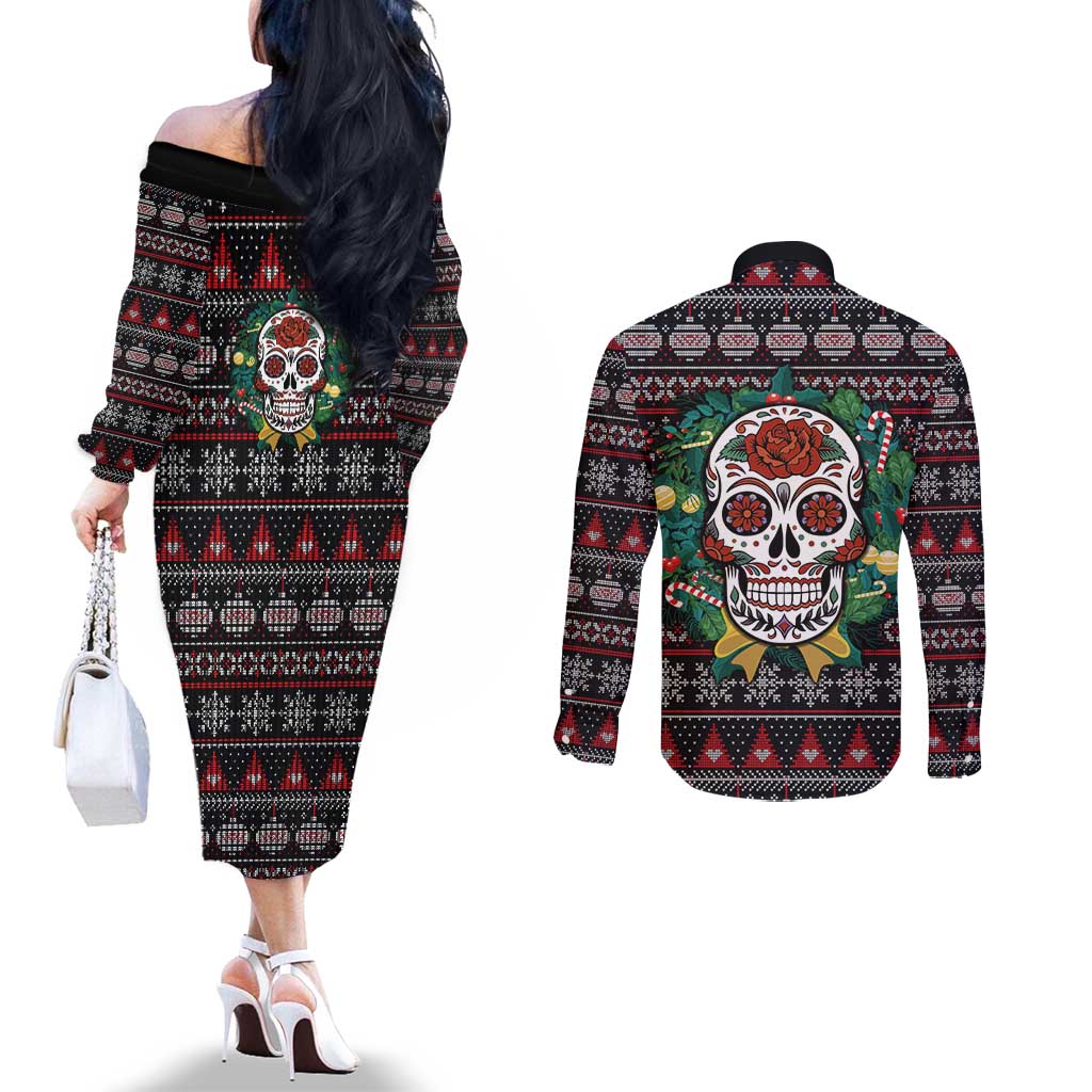 Skull Christmas Couples Matching Off The Shoulder Long Sleeve Dress and Long Sleeve Button Shirt Xmas Holiday Patterns - Wonder Print Shop