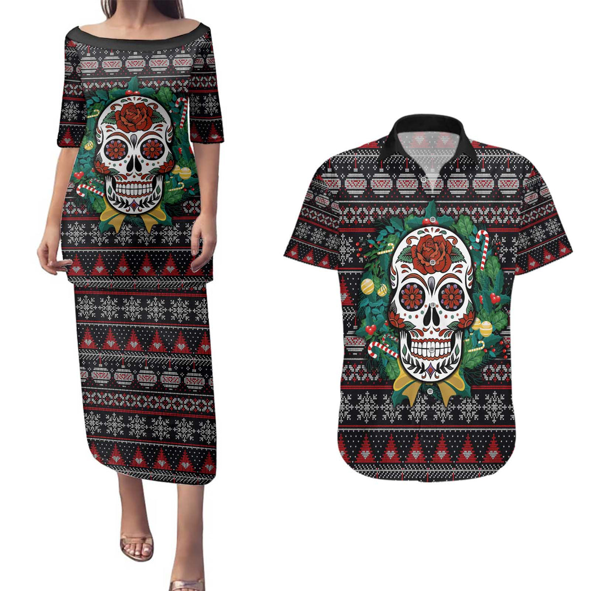 Skull Christmas Couples Matching Puletasi and Hawaiian Shirt Xmas Holiday Patterns - Wonder Print Shop