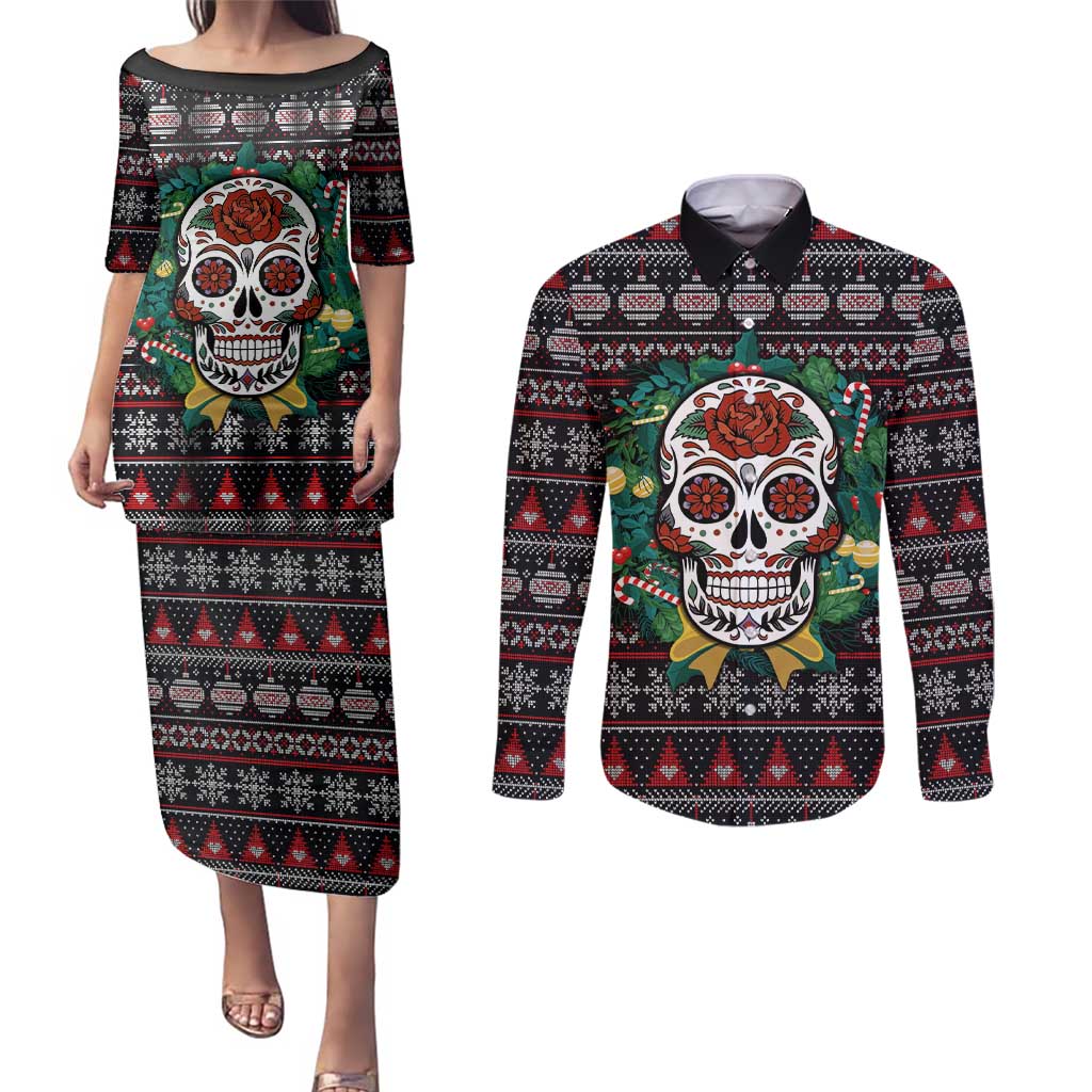 Skull Christmas Couples Matching Puletasi and Long Sleeve Button Shirt Xmas Holiday Patterns - Wonder Print Shop