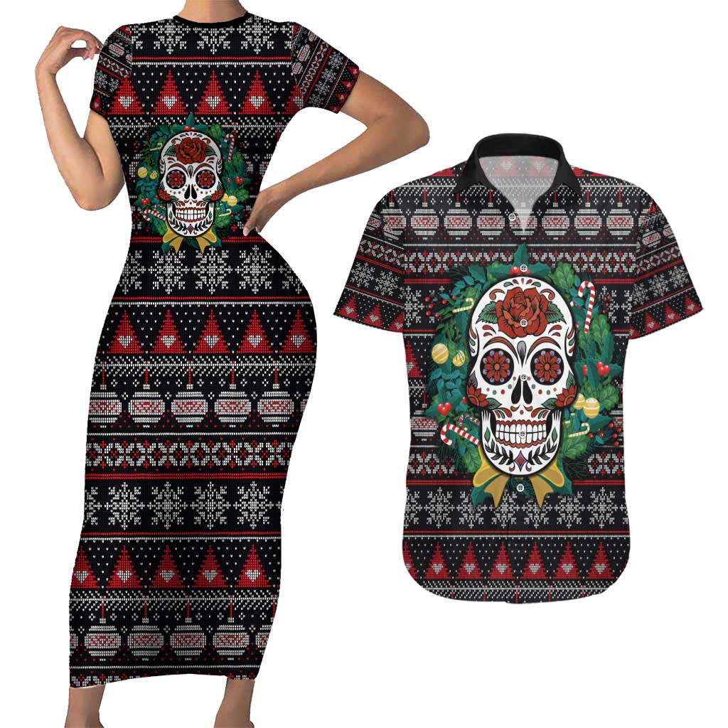 Skull Christmas Couples Matching Short Sleeve Bodycon Dress and Hawaiian Shirt Xmas Holiday Patterns - Wonder Print Shop