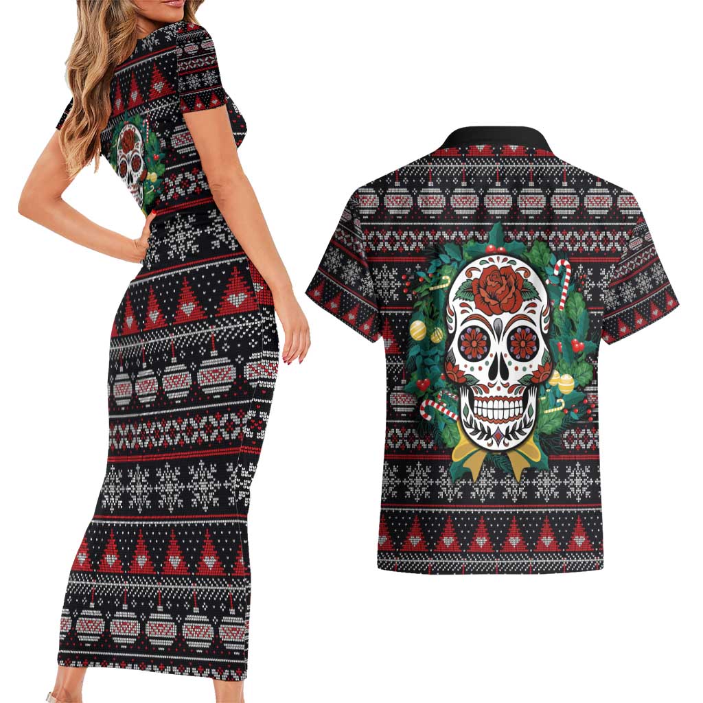 Skull Christmas Couples Matching Short Sleeve Bodycon Dress and Hawaiian Shirt Xmas Holiday Patterns - Wonder Print Shop