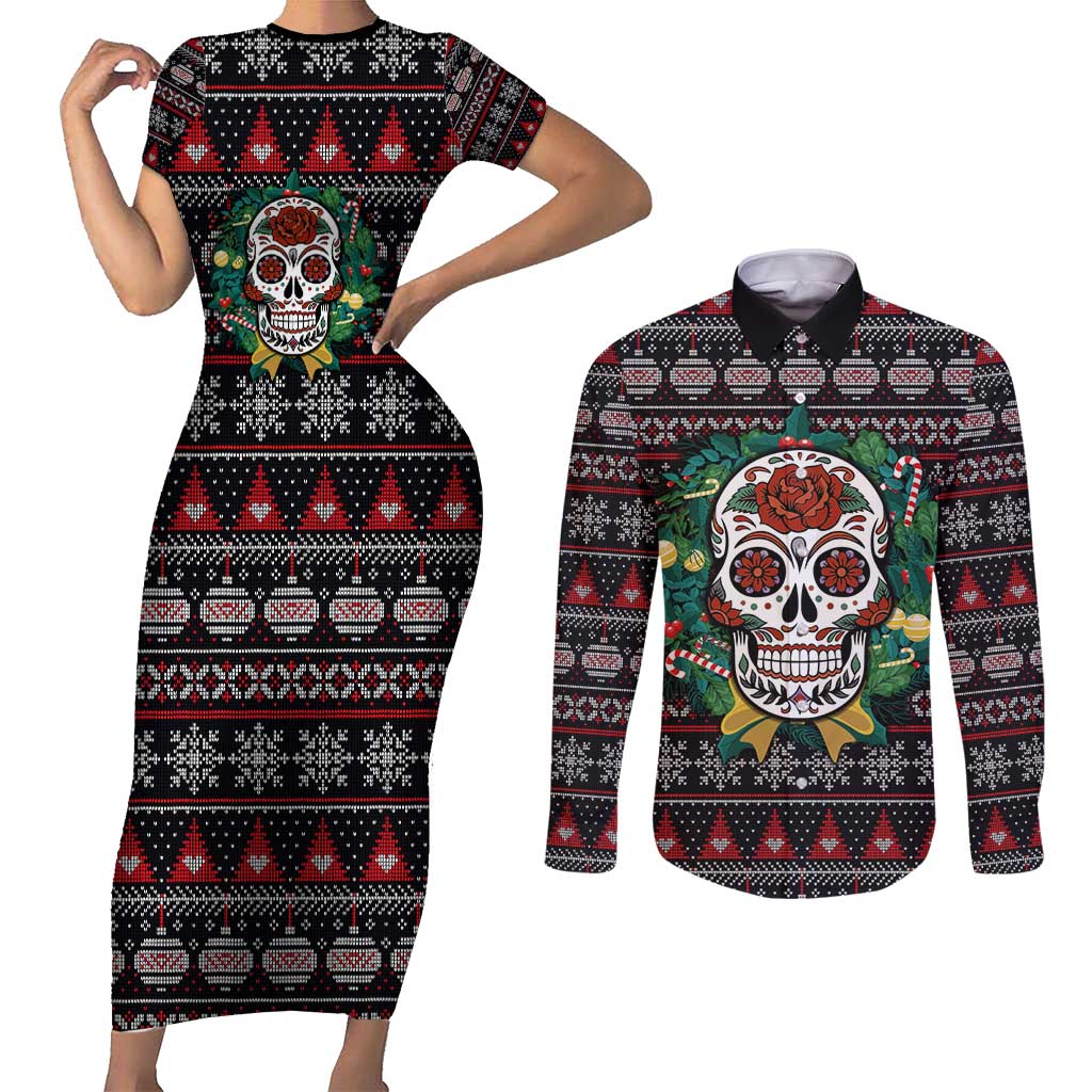 Skull Christmas Couples Matching Short Sleeve Bodycon Dress and Long Sleeve Button Shirt Xmas Holiday Patterns - Wonder Print Shop