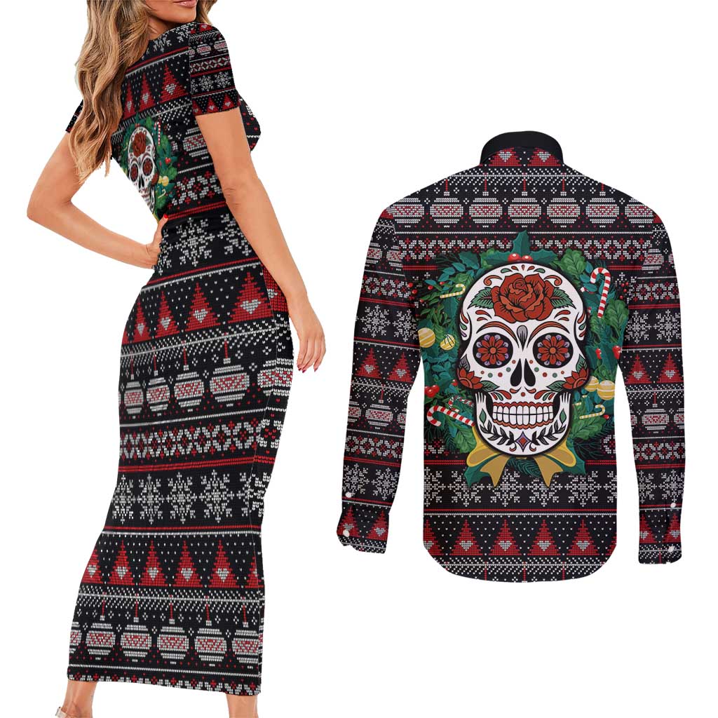 Skull Christmas Couples Matching Short Sleeve Bodycon Dress and Long Sleeve Button Shirt Xmas Holiday Patterns - Wonder Print Shop