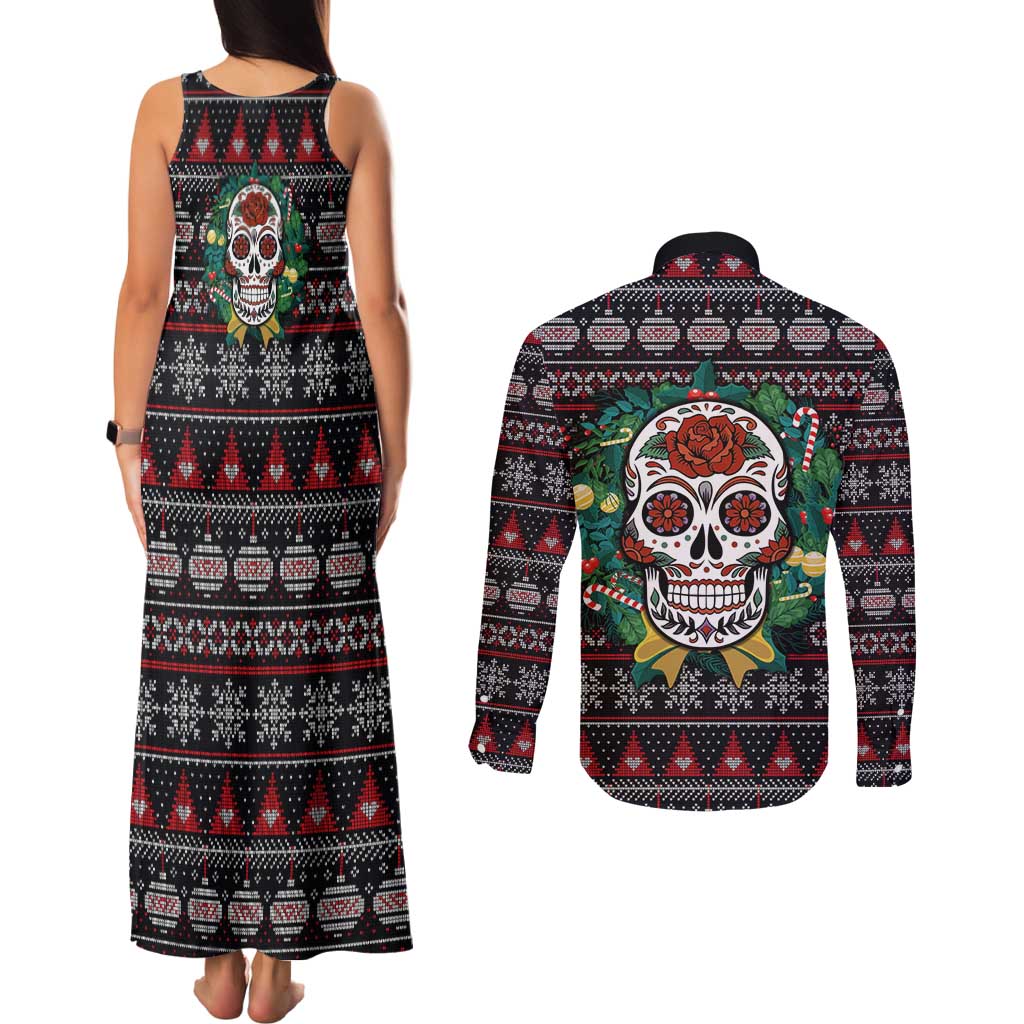 Skull Christmas Couples Matching Tank Maxi Dress and Long Sleeve Button Shirt Xmas Holiday Patterns - Wonder Print Shop