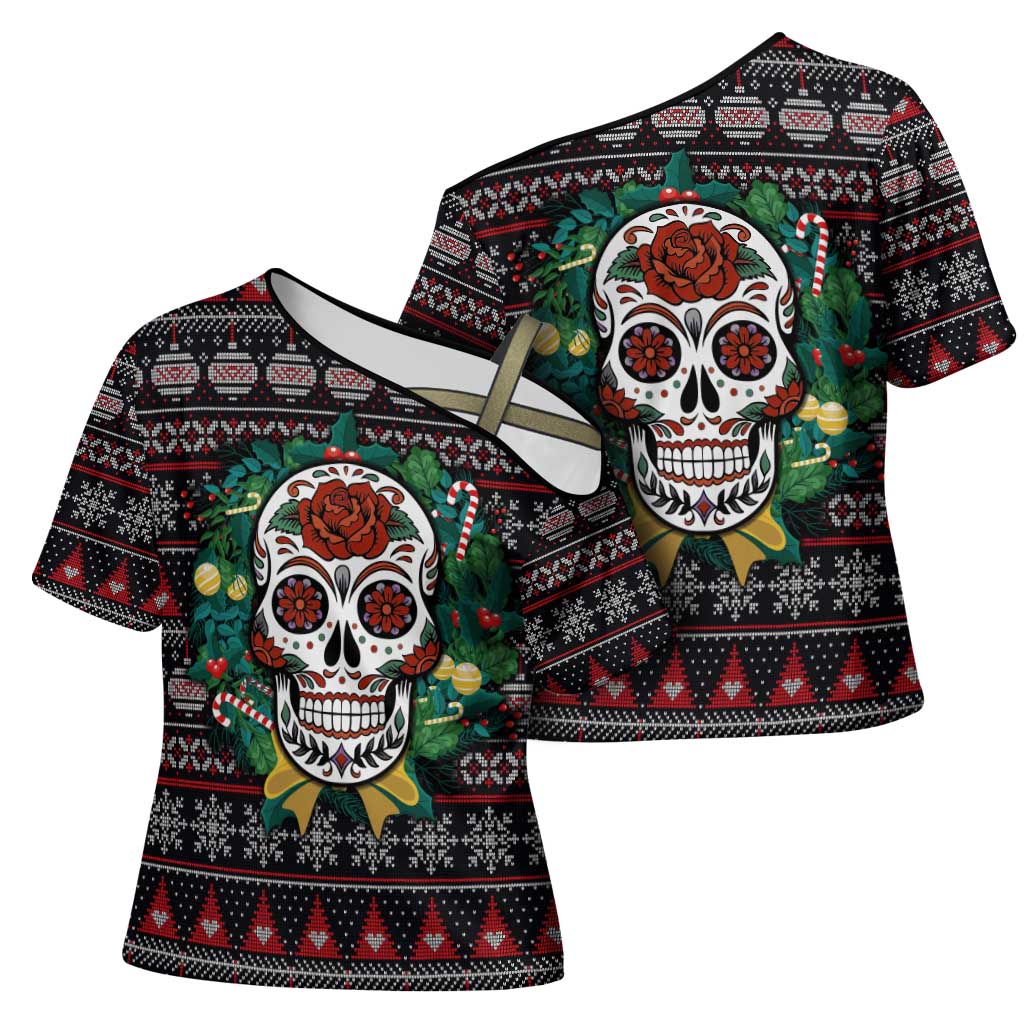 Skull Christmas Cross Shoulder Shirt Xmas Holiday Patterns - Wonder Print Shop