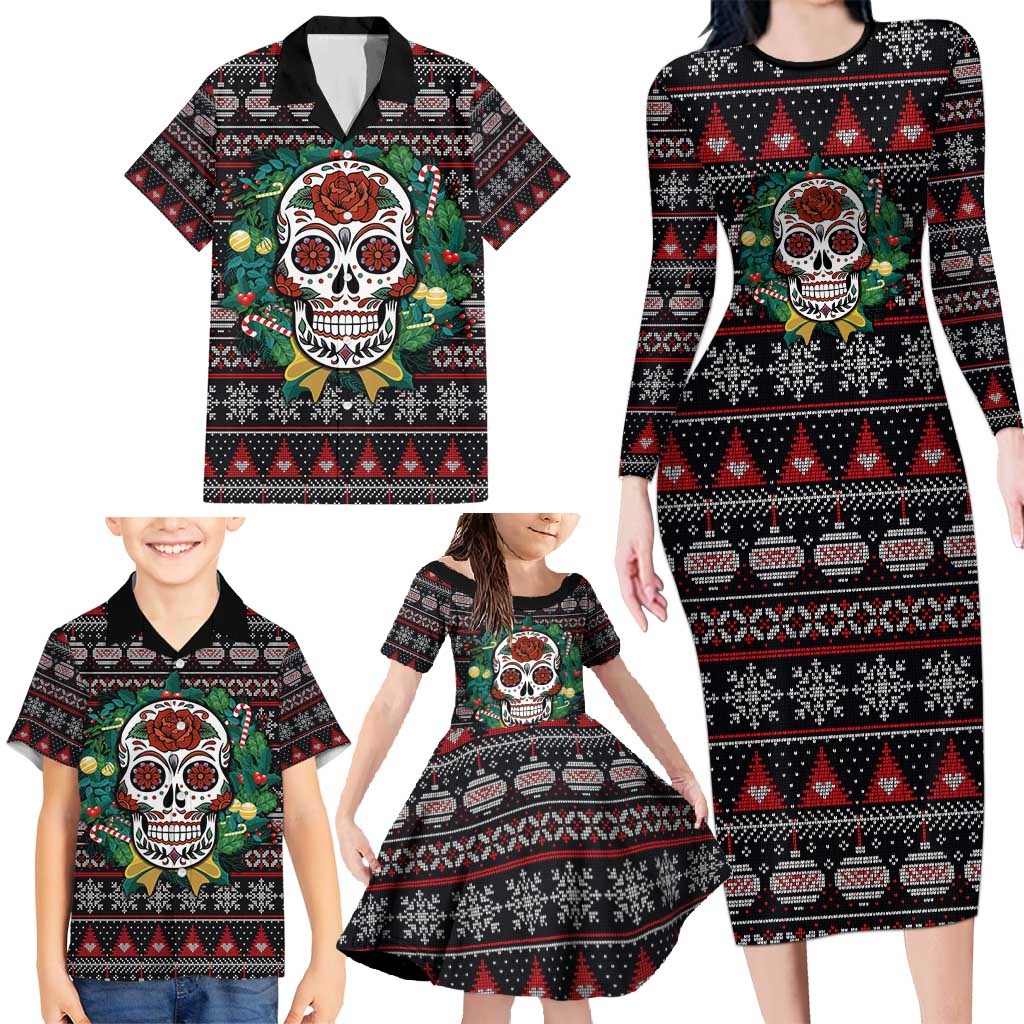 Skull Christmas Family Matching Long Sleeve Bodycon Dress and Hawaiian Shirt Xmas Holiday Patterns - Wonder Print Shop