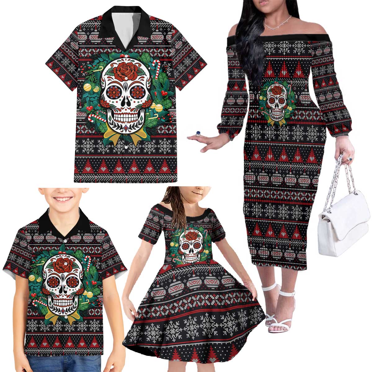 Skull Christmas Family Matching Off The Shoulder Long Sleeve Dress and Hawaiian Shirt Xmas Holiday Patterns - Wonder Print Shop