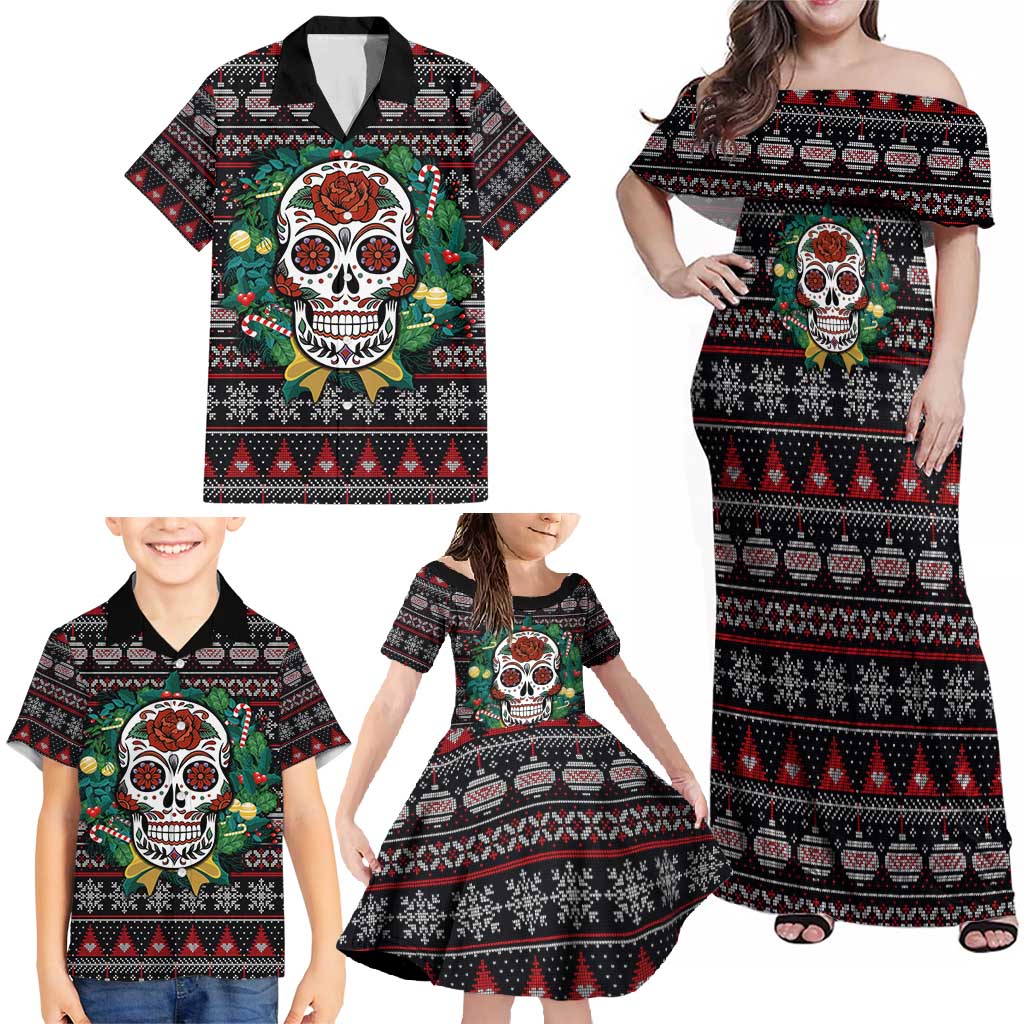 Skull Christmas Family Matching Off Shoulder Maxi Dress and Hawaiian Shirt Xmas Holiday Patterns - Wonder Print Shop