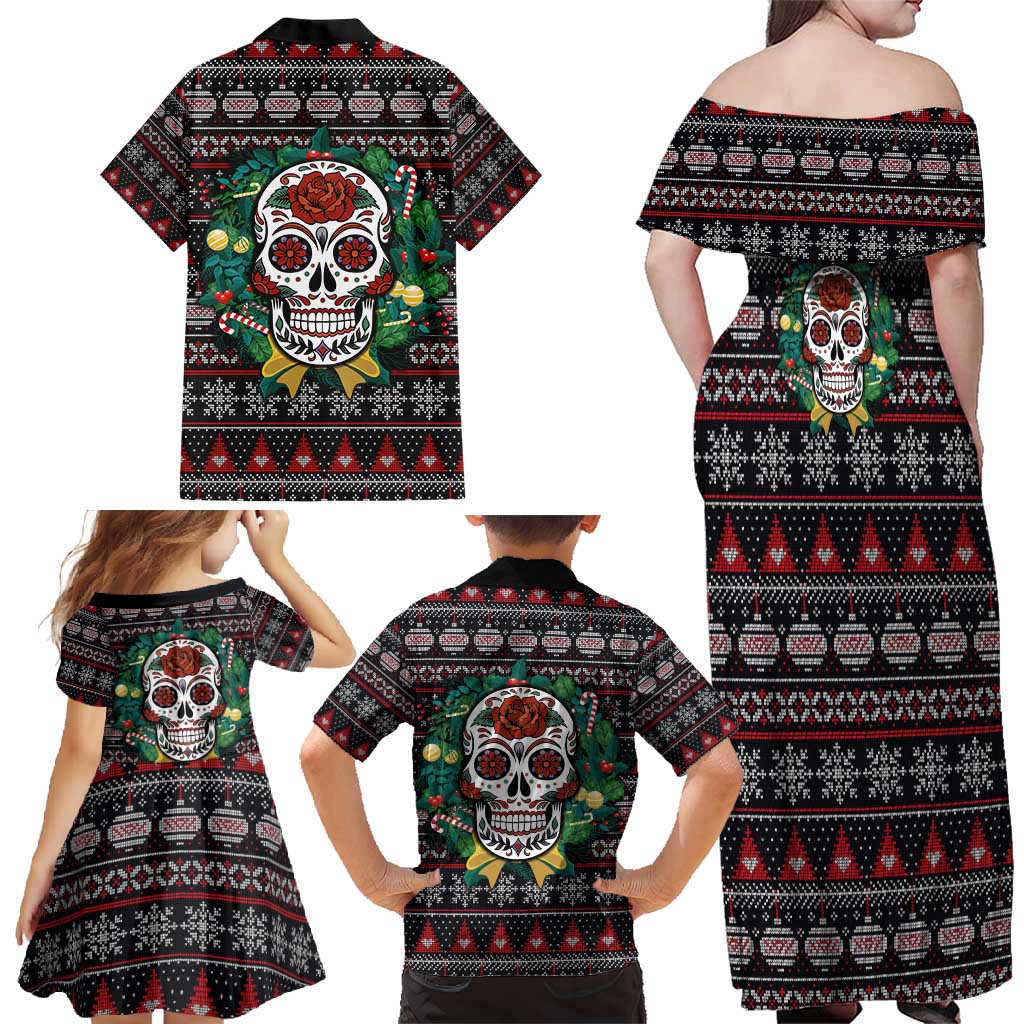 Skull Christmas Family Matching Off Shoulder Maxi Dress and Hawaiian Shirt Xmas Holiday Patterns - Wonder Print Shop