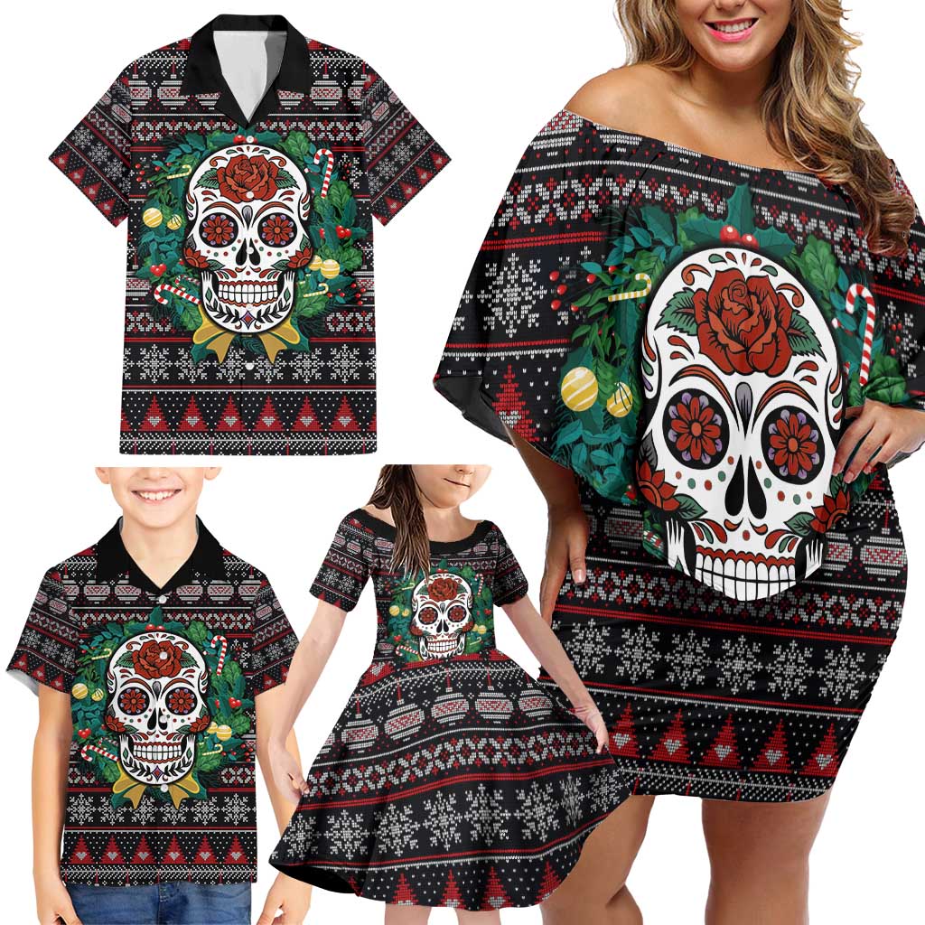 Skull Christmas Family Matching Off Shoulder Short Dress and Hawaiian Shirt Xmas Holiday Patterns - Wonder Print Shop