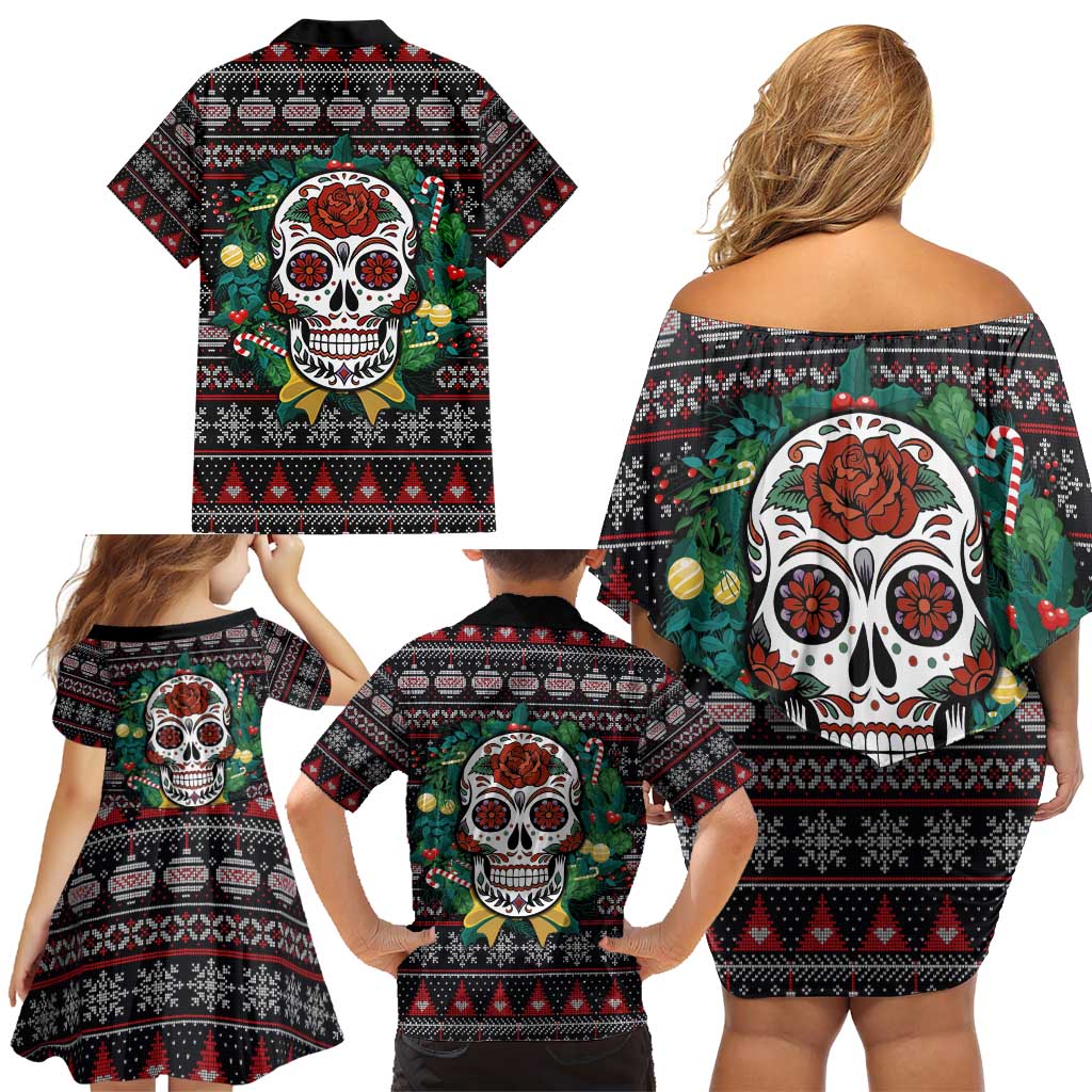 Skull Christmas Family Matching Off Shoulder Short Dress and Hawaiian Shirt Xmas Holiday Patterns - Wonder Print Shop