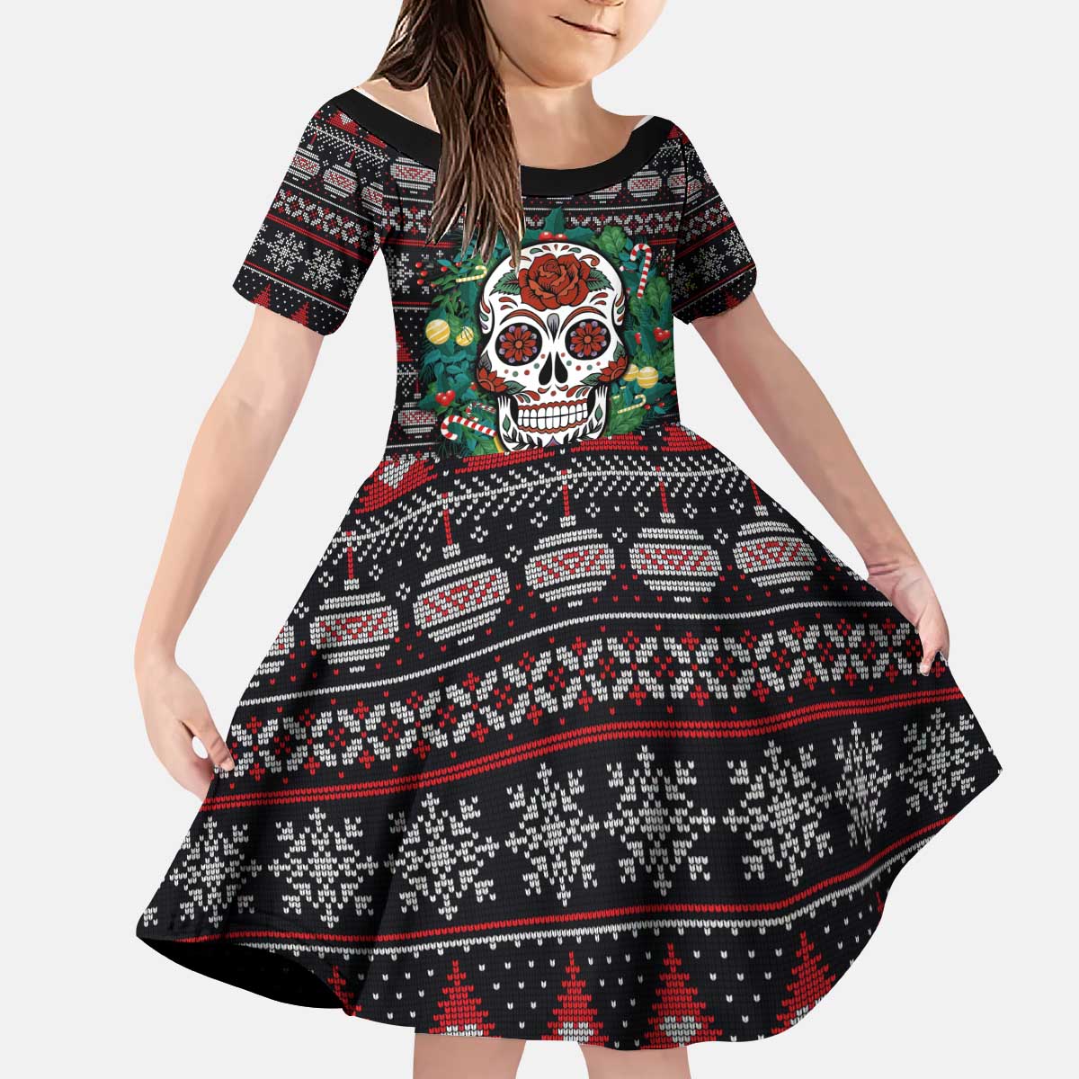 Skull Christmas Kid Short Sleeve Dress Xmas Holiday Patterns - Wonder Print Shop