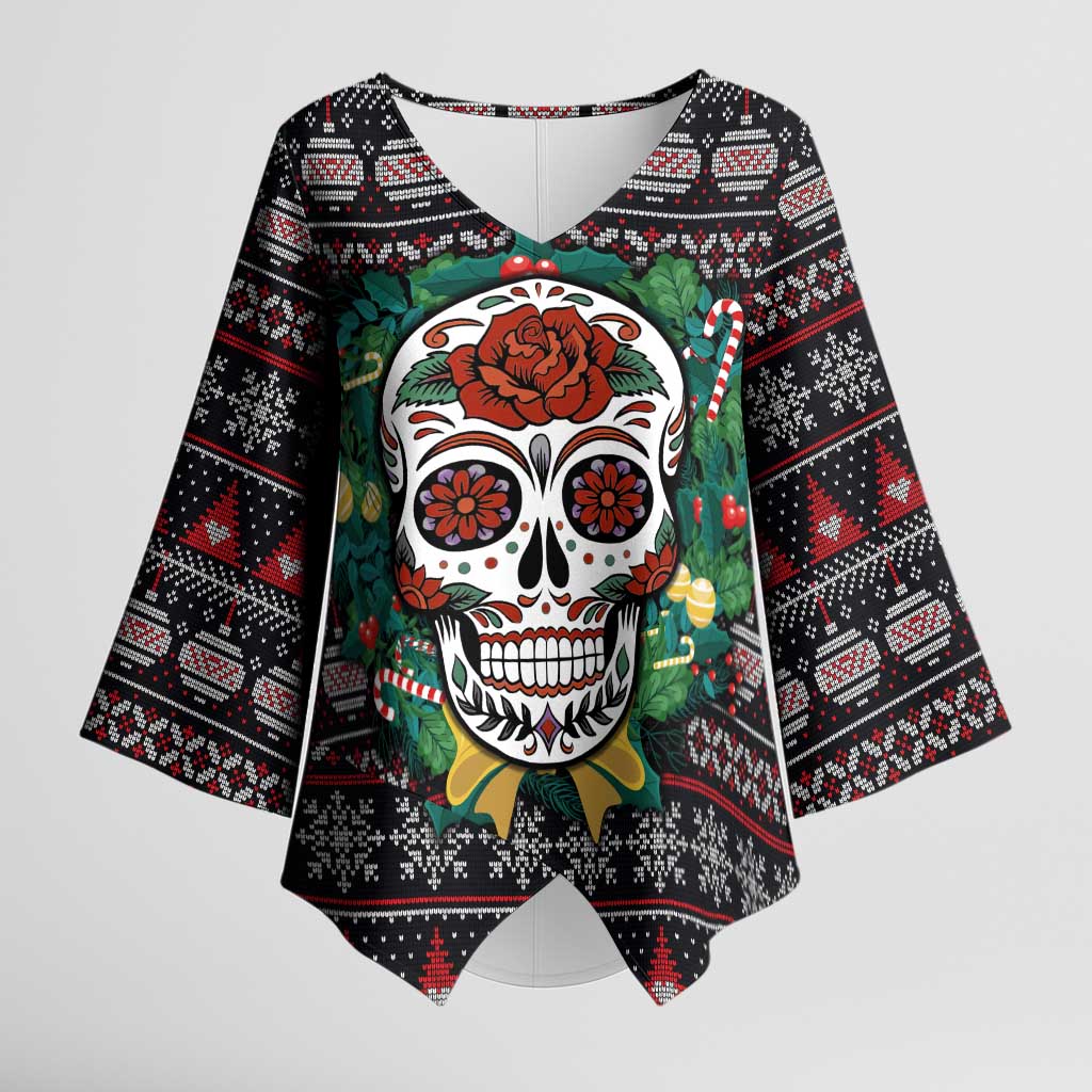 Skull Christmas Kimono Sleeve Blouse Xmas Holiday Patterns - Wonder Print Shop